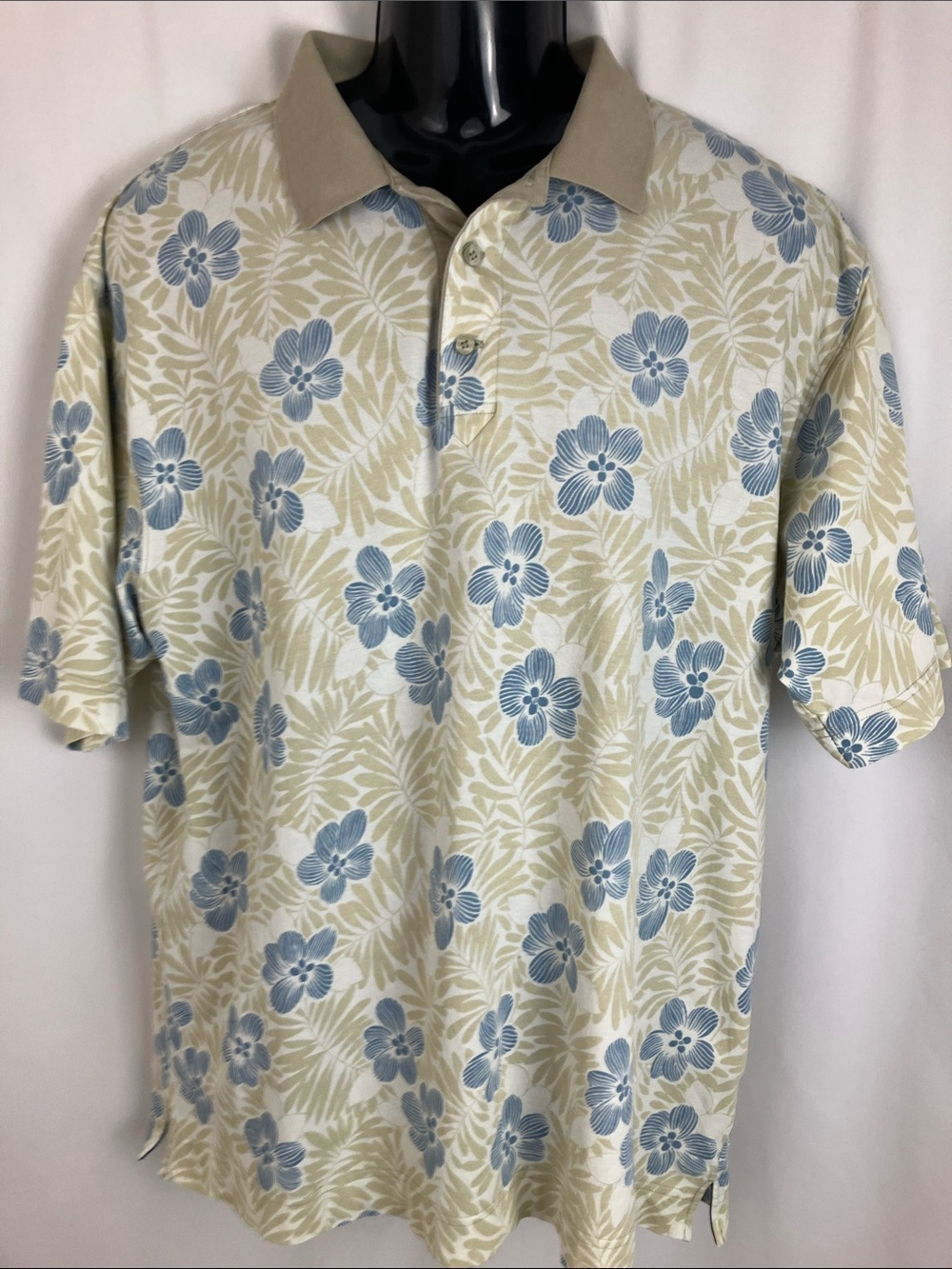 Cutter & Buck Tan and Blue Floral Short Sleeve Polo Shirt Men’s Size Large